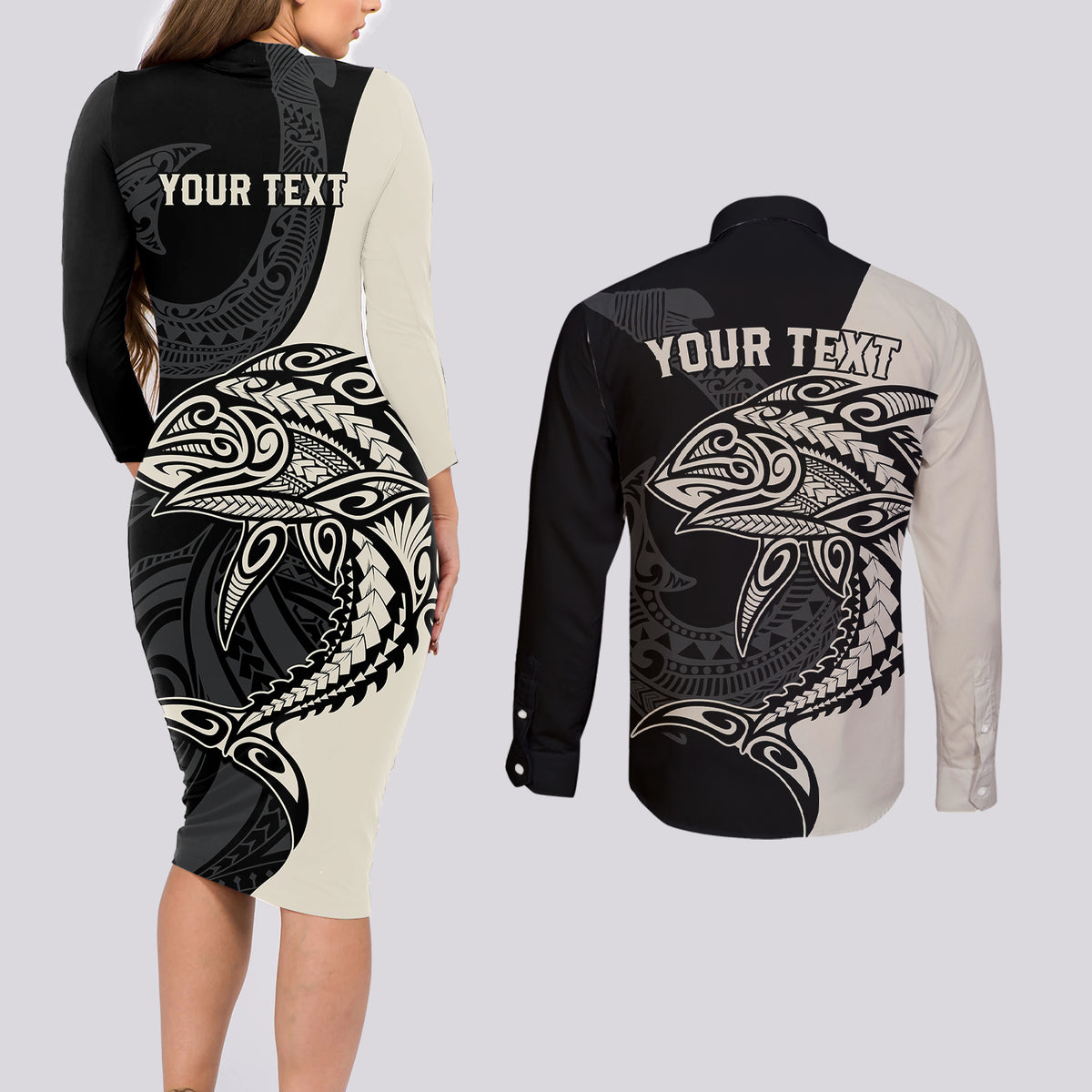 Personalised Polynesia Fishing Couples Matching Long Sleeve Bodycon Dress and Long Sleeve Button Shirts With Maori Hei Matau Fish Hook Gold Art LT9 - Polynesian Pride