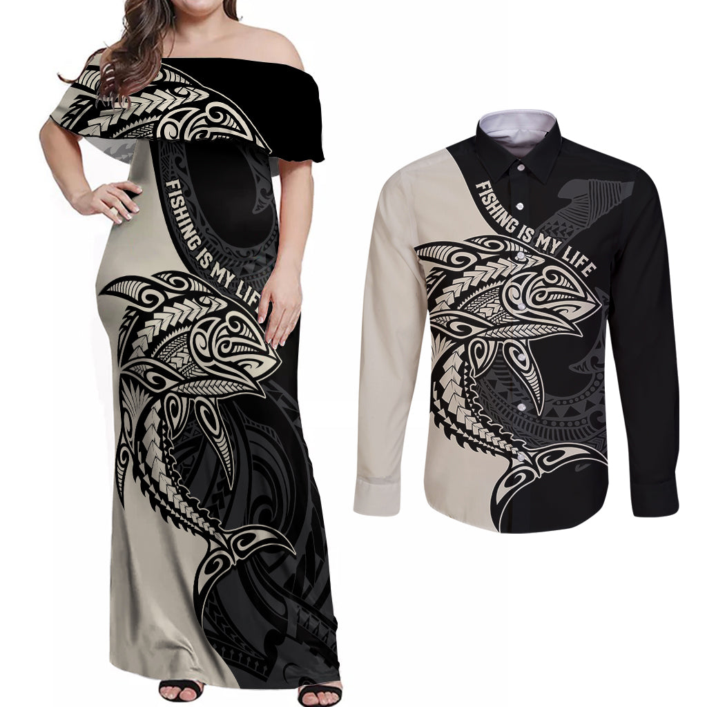 Personalised Polynesia Fishing Couples Matching Off Shoulder Maxi Dress and Long Sleeve Button Shirts With Maori Hei Matau Fish Hook Gold Art LT9 Gold - Polynesian Pride