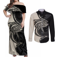 Personalised Polynesia Fishing Couples Matching Off Shoulder Maxi Dress and Long Sleeve Button Shirts With Maori Hei Matau Fish Hook Gold Art LT9 Gold - Polynesian Pride