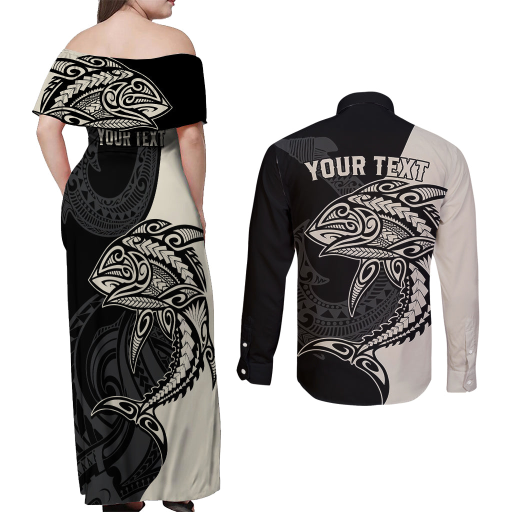 Personalised Polynesia Fishing Couples Matching Off Shoulder Maxi Dress and Long Sleeve Button Shirts With Maori Hei Matau Fish Hook Gold Art LT9 - Polynesian Pride