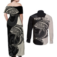 Personalised Polynesia Fishing Couples Matching Off Shoulder Maxi Dress and Long Sleeve Button Shirts With Maori Hei Matau Fish Hook Gold Art LT9 - Polynesian Pride