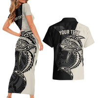 Personalised Polynesia Fishing Couples Matching Short Sleeve Bodycon Dress and Hawaiian Shirt With Maori Hei Matau Fish Hook Gold Art LT9 - Polynesian Pride