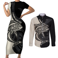 Personalised Polynesia Fishing Couples Matching Short Sleeve Bodycon Dress and Long Sleeve Button Shirts With Maori Hei Matau Fish Hook Gold Art LT9 Gold - Polynesian Pride