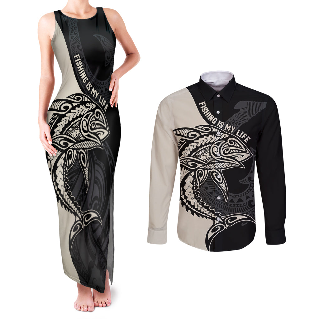 personalised-polynesia-fishing-couples-matching-tank-maxi-dress-and-long-sleeve-button-shirts-with-maori-hei-matau-fish-hook-gold-art