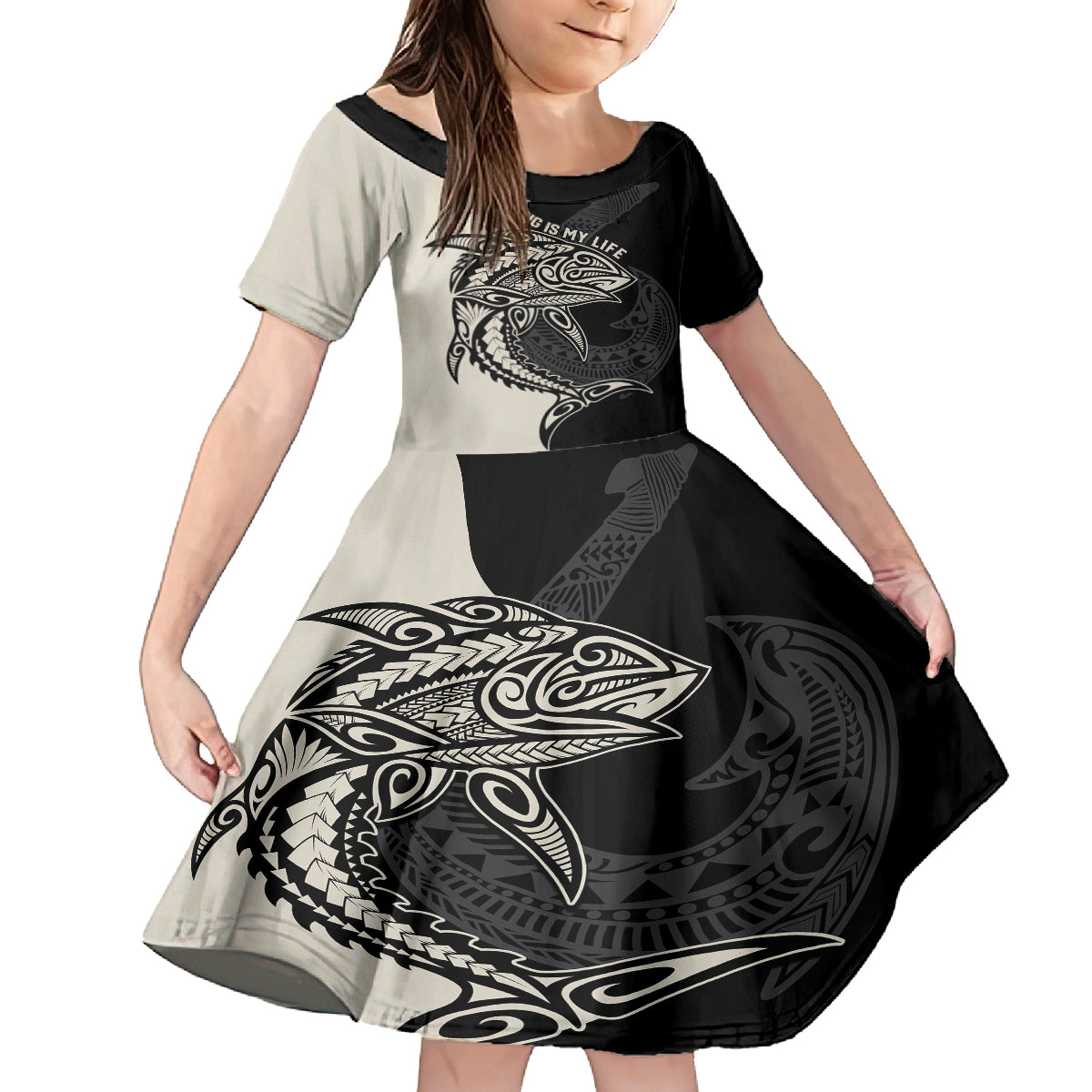 personalised-polynesia-fishing-kid-short-sleeve-dress-with-maori-hei-matau-fish-hook-gold-art