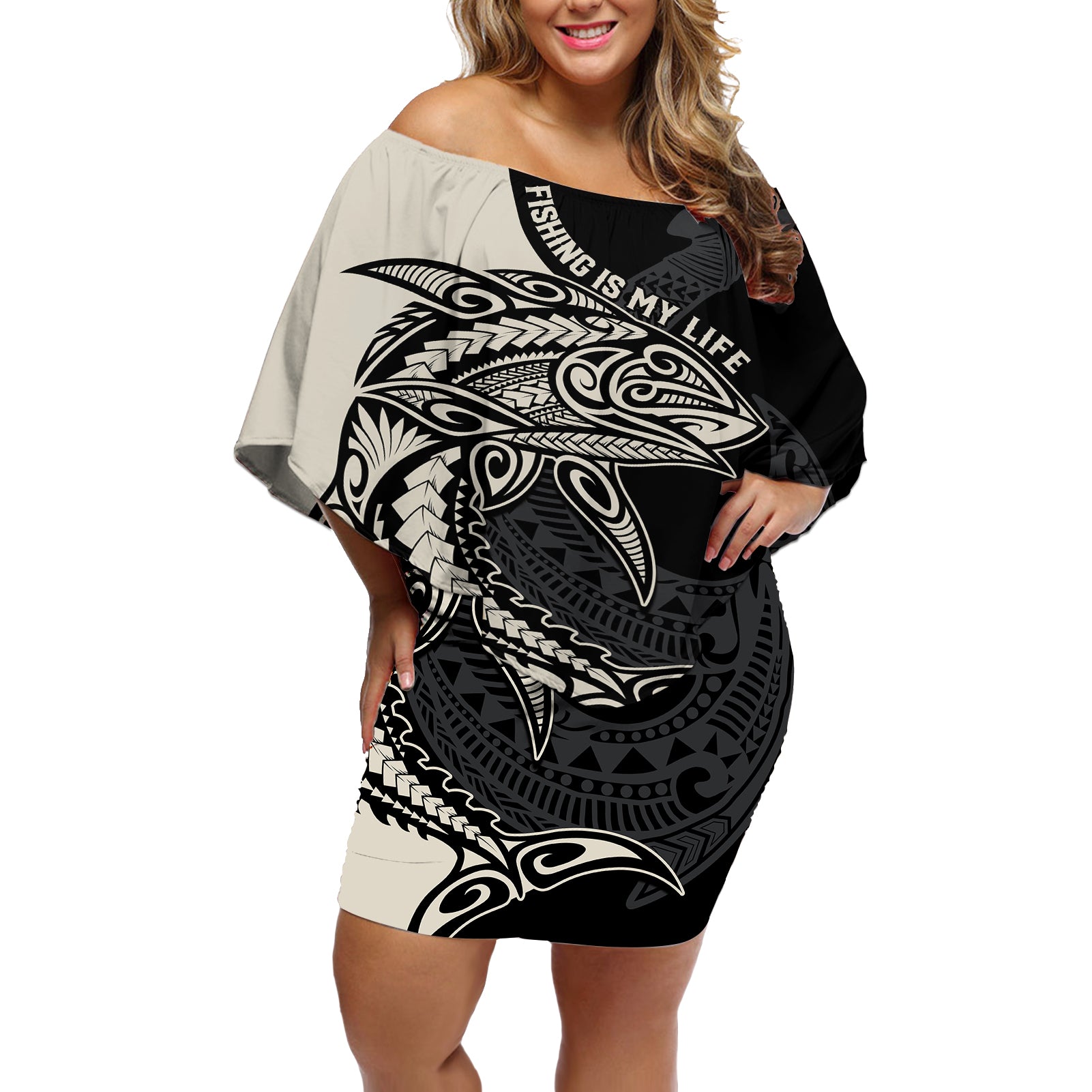 personalised-polynesia-fishing-off-shoulder-short-dress-with-maori-hei-matau-fish-hook-gold-art