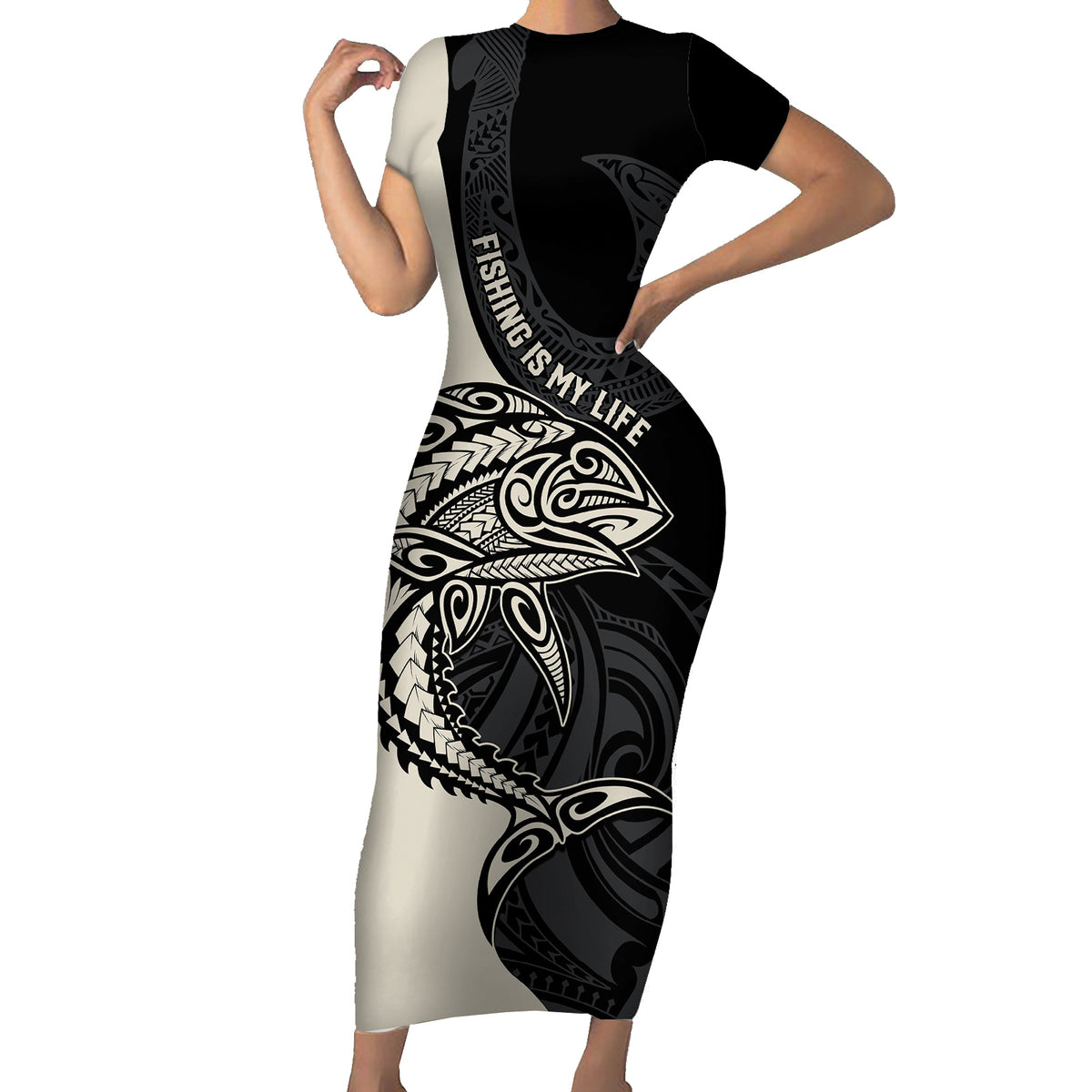 personalised-polynesia-fishing-short-sleeve-bodycon-dress-with-maori-hei-matau-fish-hook-gold-art