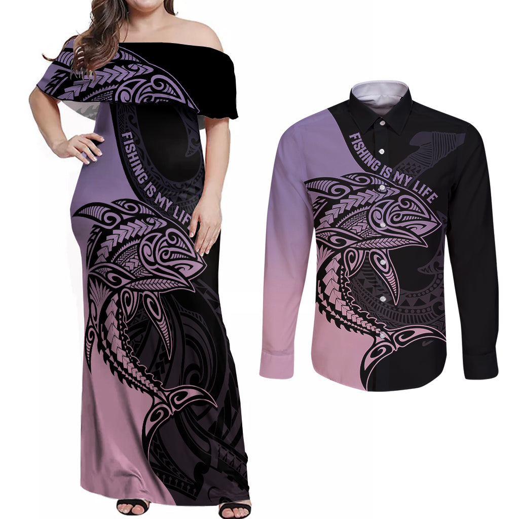 Personalised Polynesia Fishing Couples Matching Off Shoulder Maxi Dress and Long Sleeve Button Shirts With Maori Hei Matau Fish Hook Pastel Art LT9 Pastel - Polynesian Pride