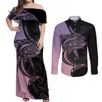 Personalised Polynesia Fishing Couples Matching Off Shoulder Maxi Dress and Long Sleeve Button Shirts With Maori Hei Matau Fish Hook Pastel Art LT9 Pastel - Polynesian Pride