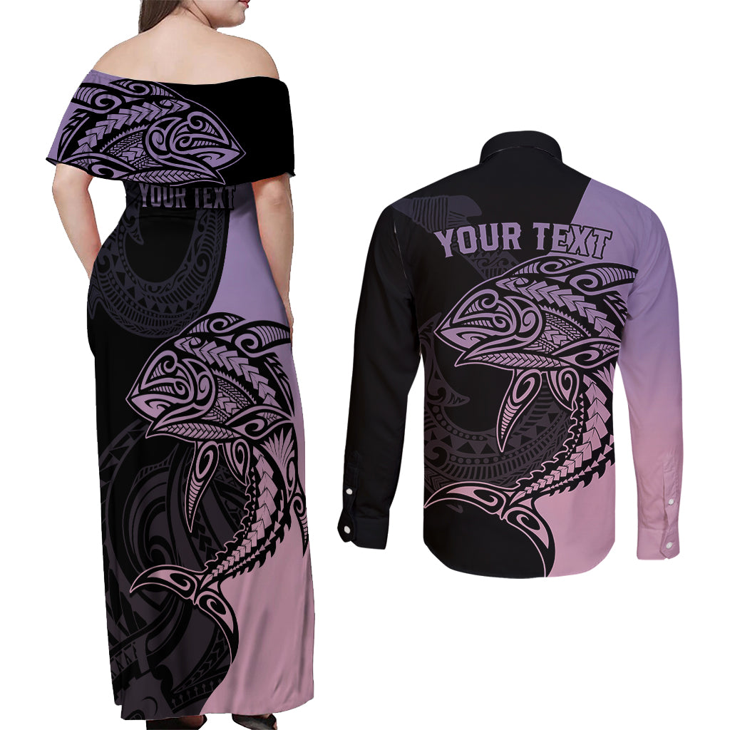 Personalised Polynesia Fishing Couples Matching Off Shoulder Maxi Dress and Long Sleeve Button Shirts With Maori Hei Matau Fish Hook Pastel Art LT9 - Polynesian Pride
