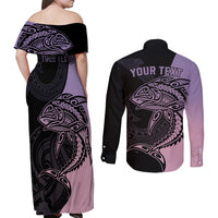 Personalised Polynesia Fishing Couples Matching Off Shoulder Maxi Dress and Long Sleeve Button Shirts With Maori Hei Matau Fish Hook Pastel Art LT9 - Polynesian Pride