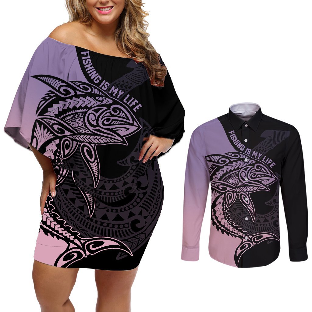 Personalised Polynesia Fishing Couples Matching Off Shoulder Short Dress and Long Sleeve Button Shirts With Maori Hei Matau Fish Hook Pastel Art LT9 Pastel - Polynesian Pride