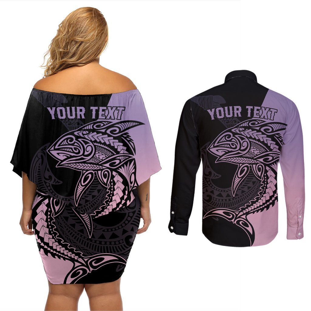 Personalised Polynesia Fishing Couples Matching Off Shoulder Short Dress and Long Sleeve Button Shirts With Maori Hei Matau Fish Hook Pastel Art LT9 - Polynesian Pride
