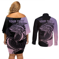 Personalised Polynesia Fishing Couples Matching Off Shoulder Short Dress and Long Sleeve Button Shirts With Maori Hei Matau Fish Hook Pastel Art LT9 - Polynesian Pride