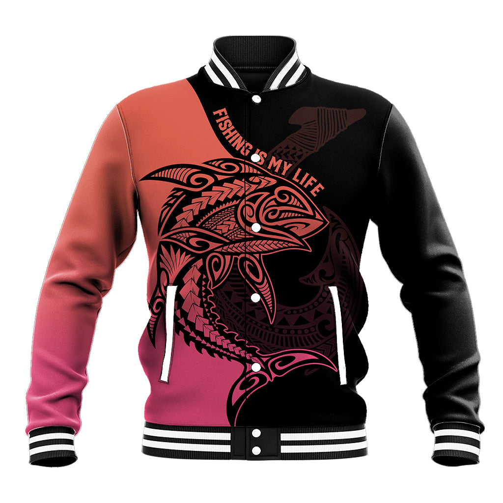 Personalised Polynesia Fishing Baseball Jacket With Maori Hei Matau Fish Hook Pink Art LT9 Unisex Pink - Polynesian Pride