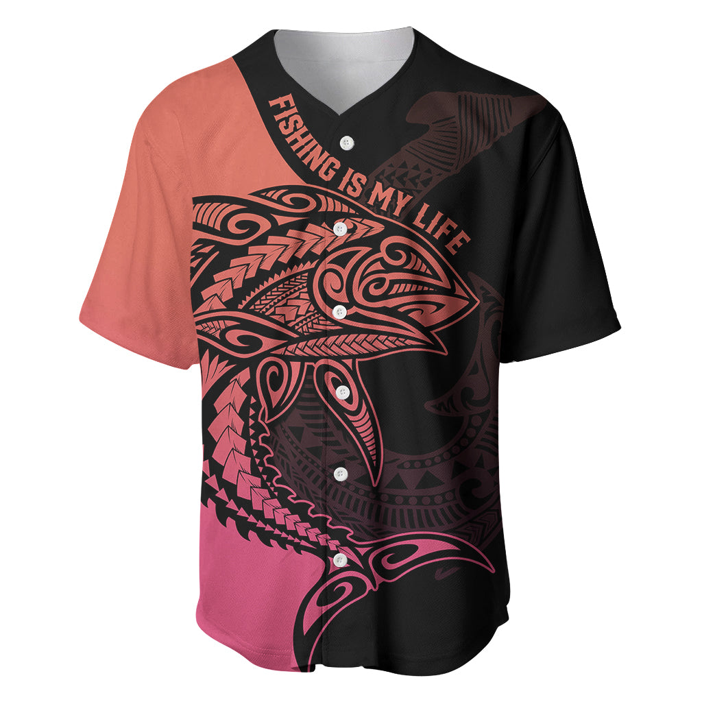 Personalised Polynesia Fishing Baseball Jersey With Maori Hei Matau Fish Hook Pink Art LT9 Pink - Polynesian Pride