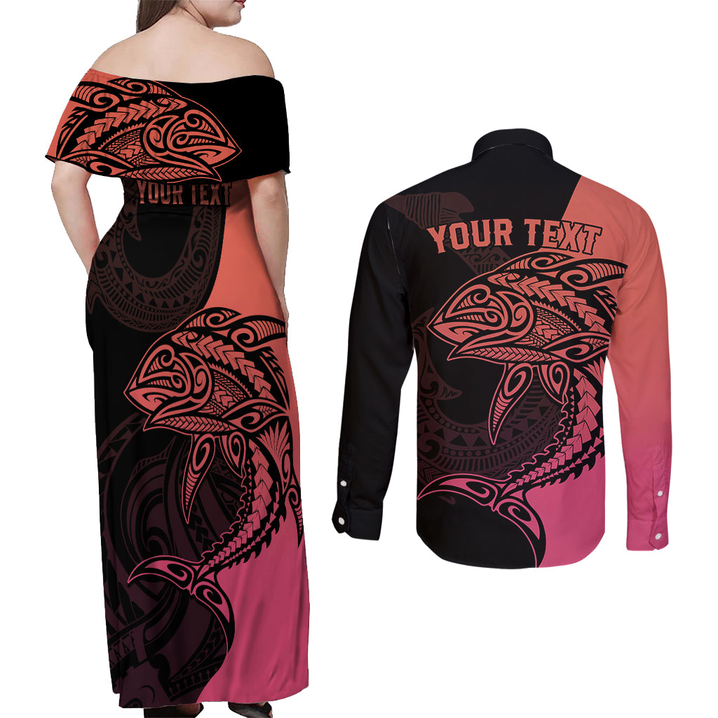 personalised-polynesia-fishing-couples-matching-off-shoulder-maxi-dress-and-long-sleeve-button-shirts-with-maori-hei-matau-fish-hook-pink-art