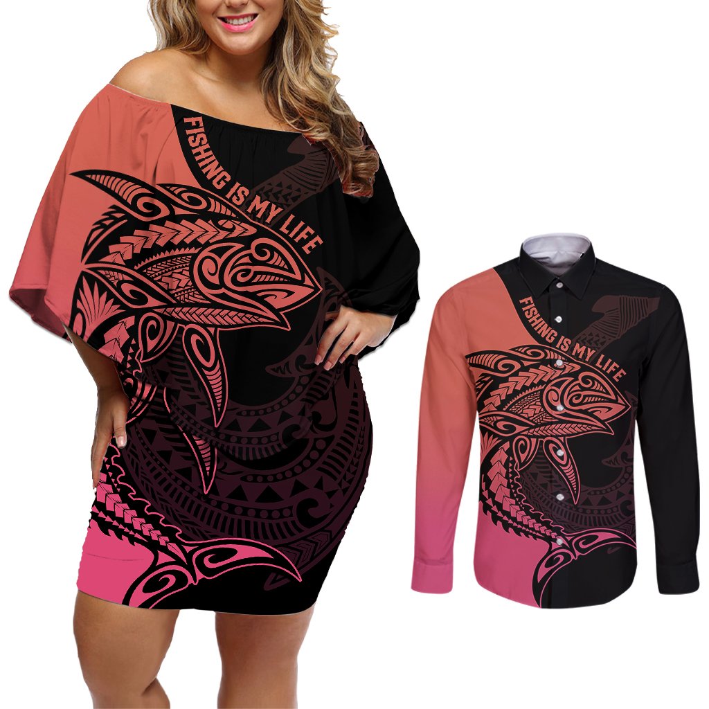personalised-polynesia-fishing-couples-matching-off-shoulder-short-dress-and-long-sleeve-button-shirts-with-maori-hei-matau-fish-hook-pink-art