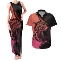 Personalised Polynesia Fishing Couples Matching Tank Maxi Dress and Hawaiian Shirt With Maori Hei Matau Fish Hook Pink Art LT9 Pink - Polynesian Pride