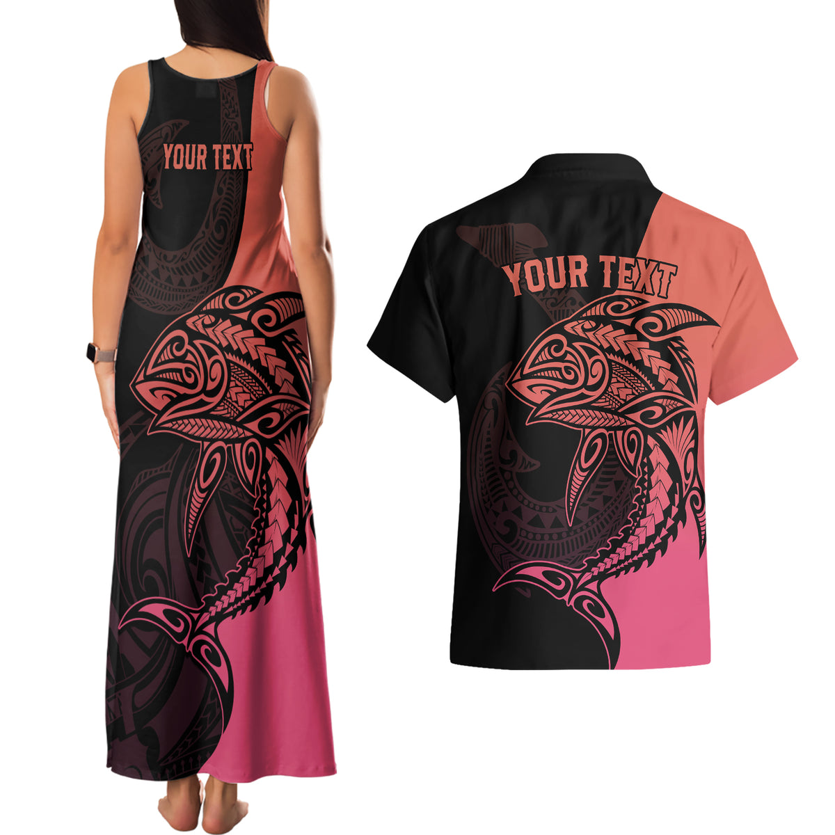 Personalised Polynesia Fishing Couples Matching Tank Maxi Dress and Hawaiian Shirt With Maori Hei Matau Fish Hook Pink Art LT9 - Polynesian Pride