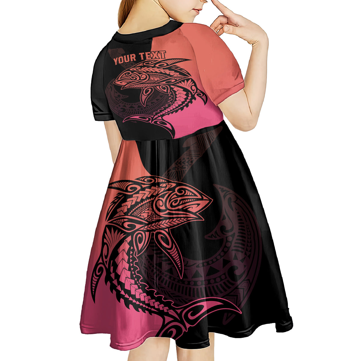 personalised-polynesia-fishing-kid-short-sleeve-dress-with-maori-hei-matau-fish-hook-pink-art