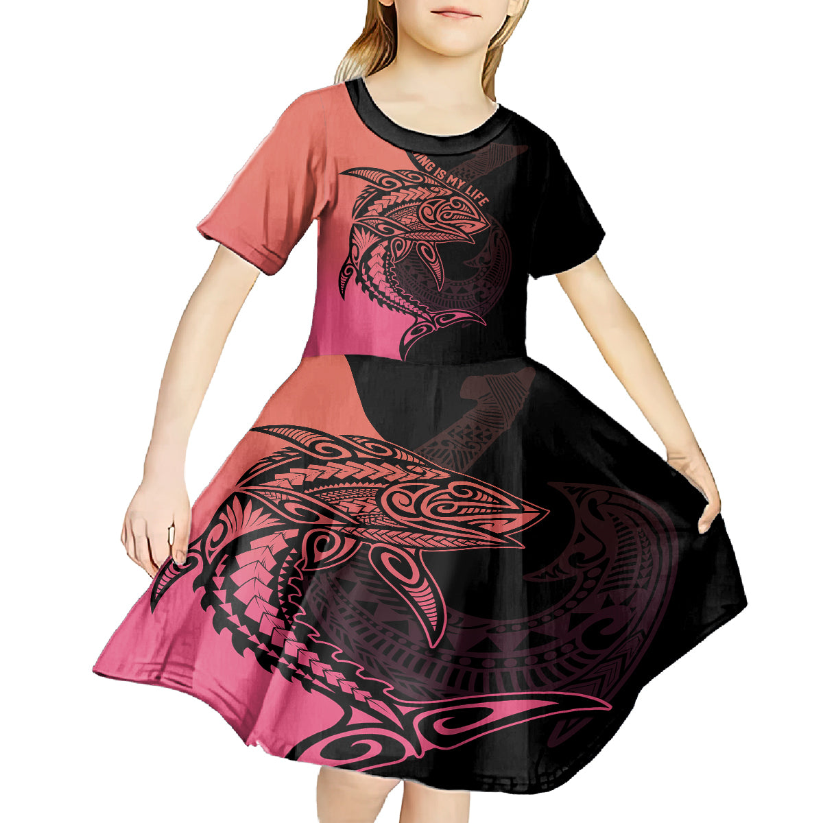 personalised-polynesia-fishing-kid-short-sleeve-dress-with-maori-hei-matau-fish-hook-pink-art