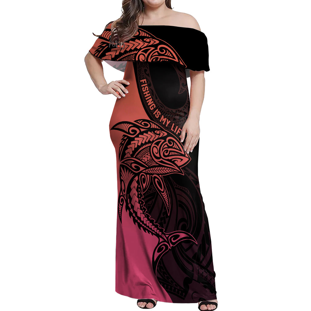 personalised-polynesia-fishing-off-shoulder-maxi-dress-with-maori-hei-matau-fish-hook-pink-art
