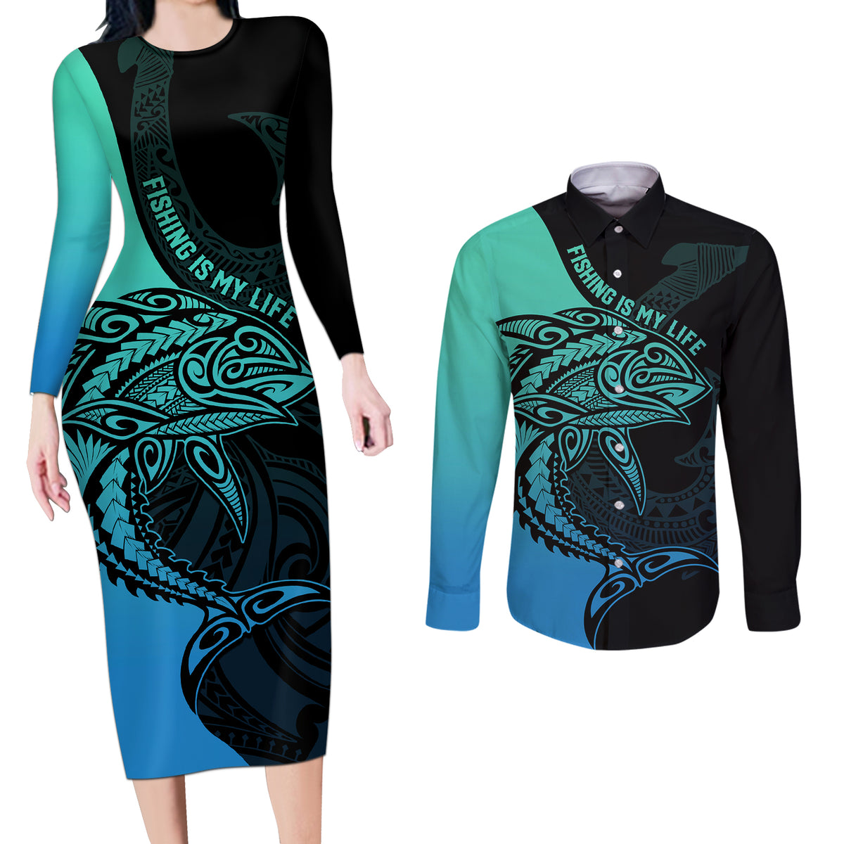 personalised-polynesia-fishing-couples-matching-long-sleeve-bodycon-dress-and-long-sleeve-button-shirts-with-maori-hei-matau-fish-hook-turquoise-art