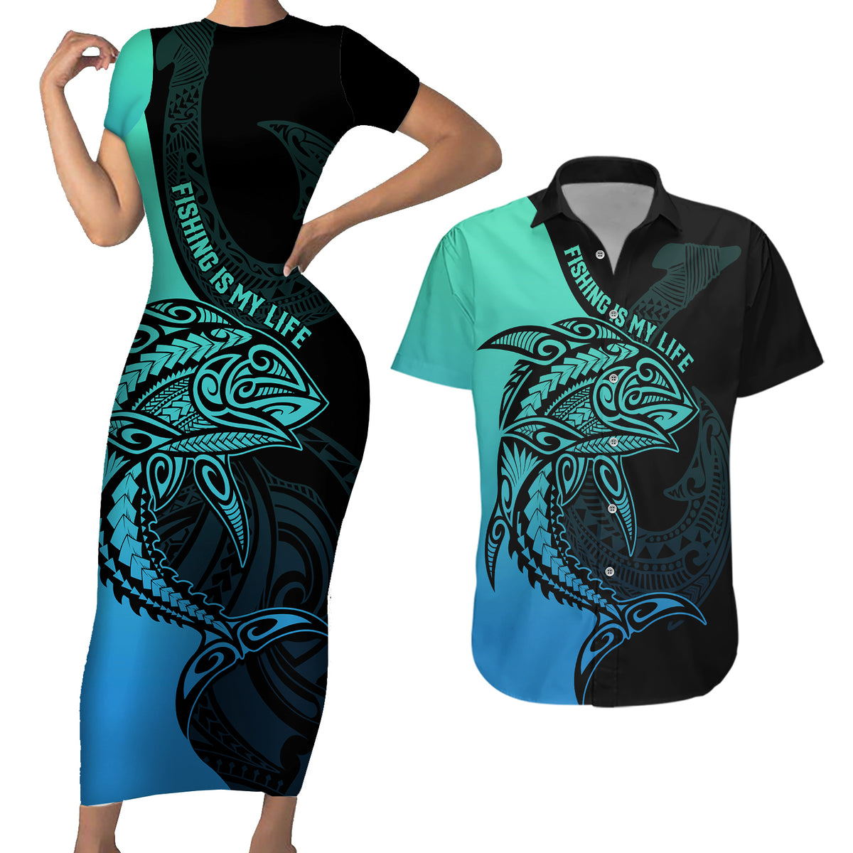 Personalised Polynesia Fishing Couples Matching Short Sleeve Bodycon Dress and Hawaiian Shirt With Maori Hei Matau Fish Hook Turquoise Art LT9 Turquoise - Polynesian Pride
