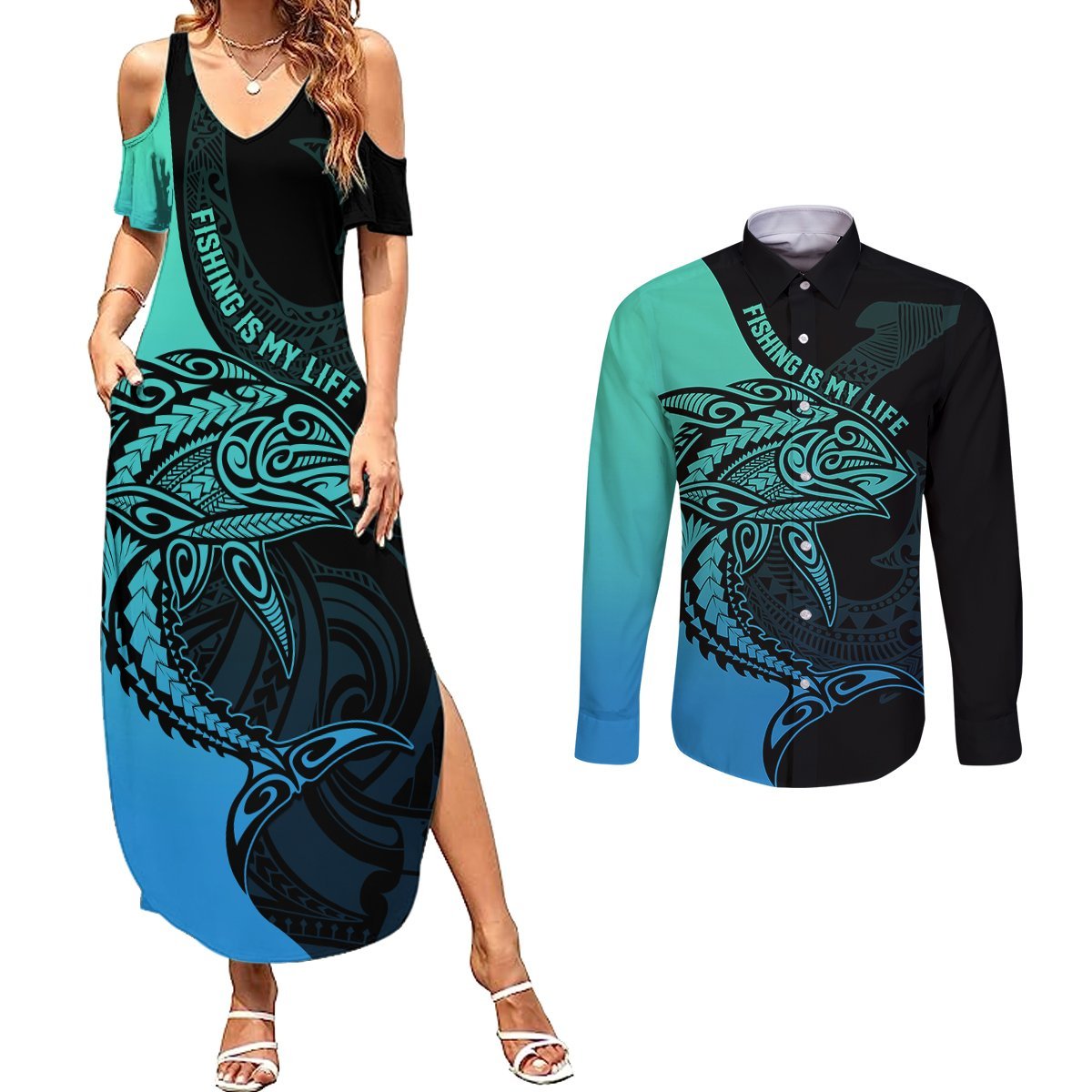 Personalised Polynesia Fishing Couples Matching Summer Maxi Dress and Long Sleeve Button Shirts With Maori Hei Matau Fish Hook Turquoise Art LT9 Turquoise - Polynesian Pride