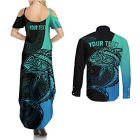 Personalised Polynesia Fishing Couples Matching Summer Maxi Dress and Long Sleeve Button Shirts With Maori Hei Matau Fish Hook Turquoise Art LT9 - Polynesian Pride