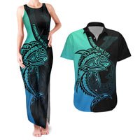 Personalised Polynesia Fishing Couples Matching Tank Maxi Dress and Hawaiian Shirt With Maori Hei Matau Fish Hook Turquoise Art LT9 Turquoise - Polynesian Pride