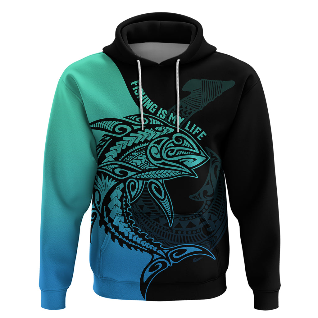 Personalised Polynesia Fishing Hoodie With Maori Hei Matau Fish Hook Turquoise Art LT9 Turquoise - Polynesian Pride