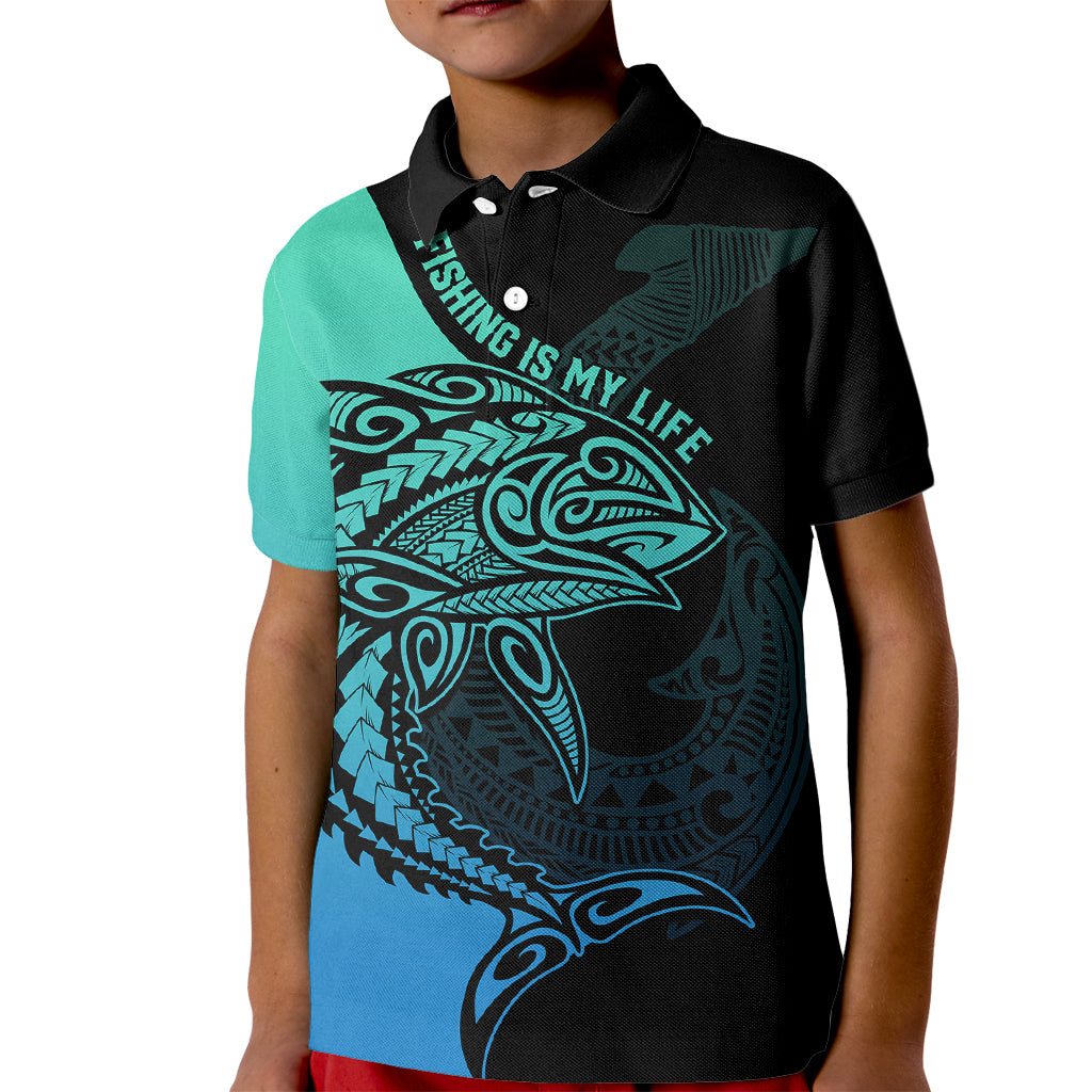 Personalised Polynesia Fishing Kid Polo Shirt With Maori Hei Matau Fish Hook Turquoise Art LT9 Kid Turquoise - Polynesian Pride