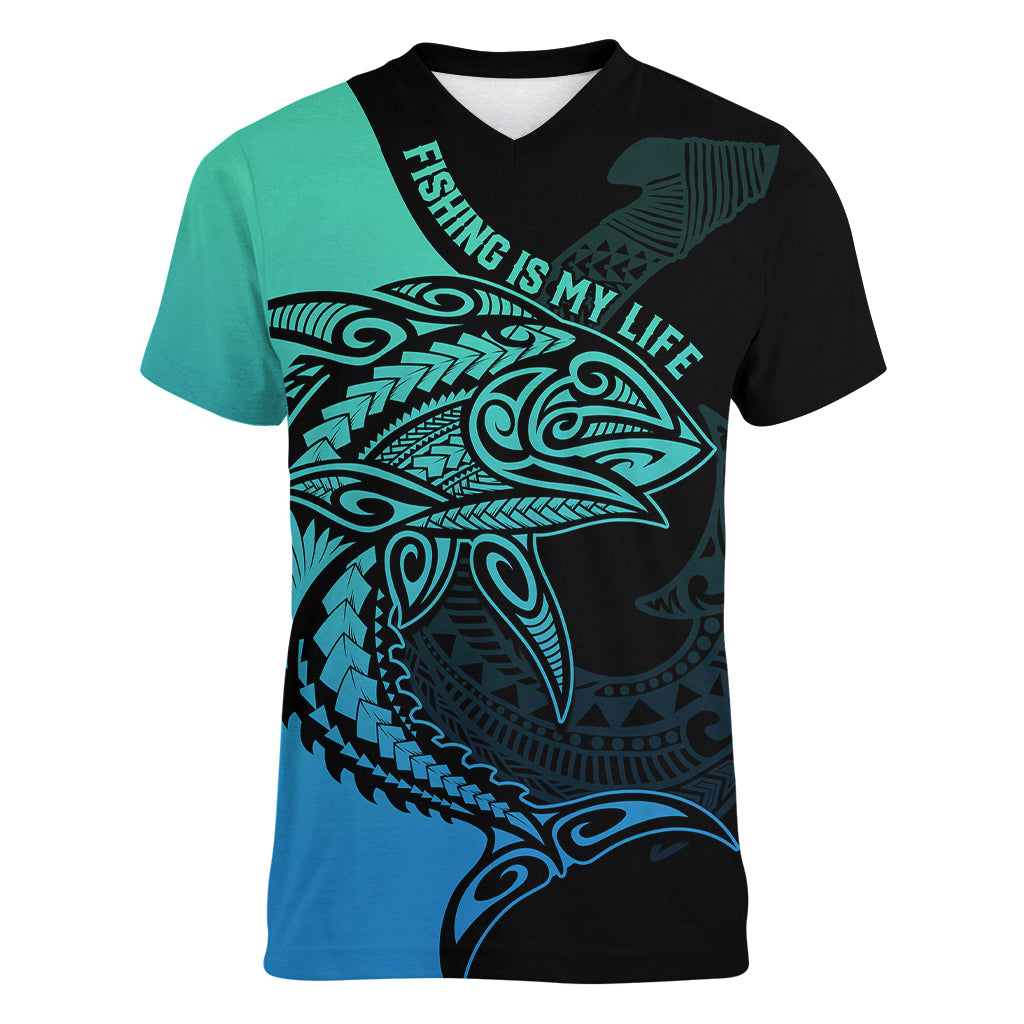 personalised-polynesia-fishing-women-v-neck-t-shirt-with-maori-hei-matau-fish-hook-turquoise-art