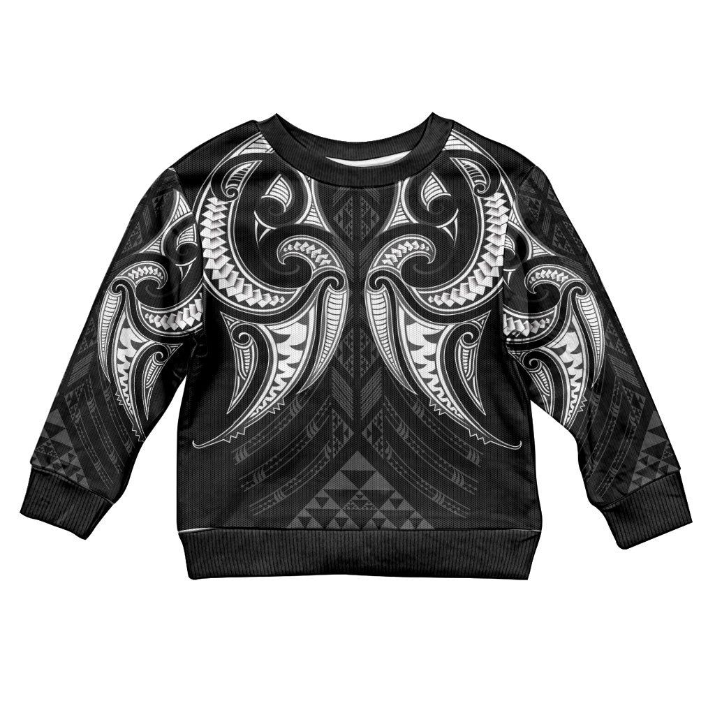 Maori Rugby Custom Ngaru Mangopare Kid Ugly Christmas Sweater Black Whetu Niho Taniwha Motif LT9 Kid Black - Polynesian Pride