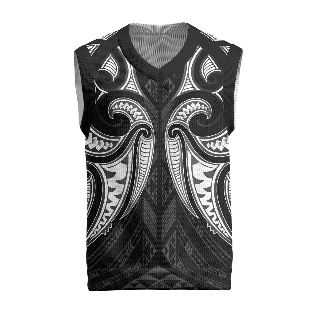 Maori Rugby Custom Ngaru Mangopare Christmas Knitted V-Neck Vest Black Whetu Niho Taniwha Motif LT9 Black - Polynesian Pride