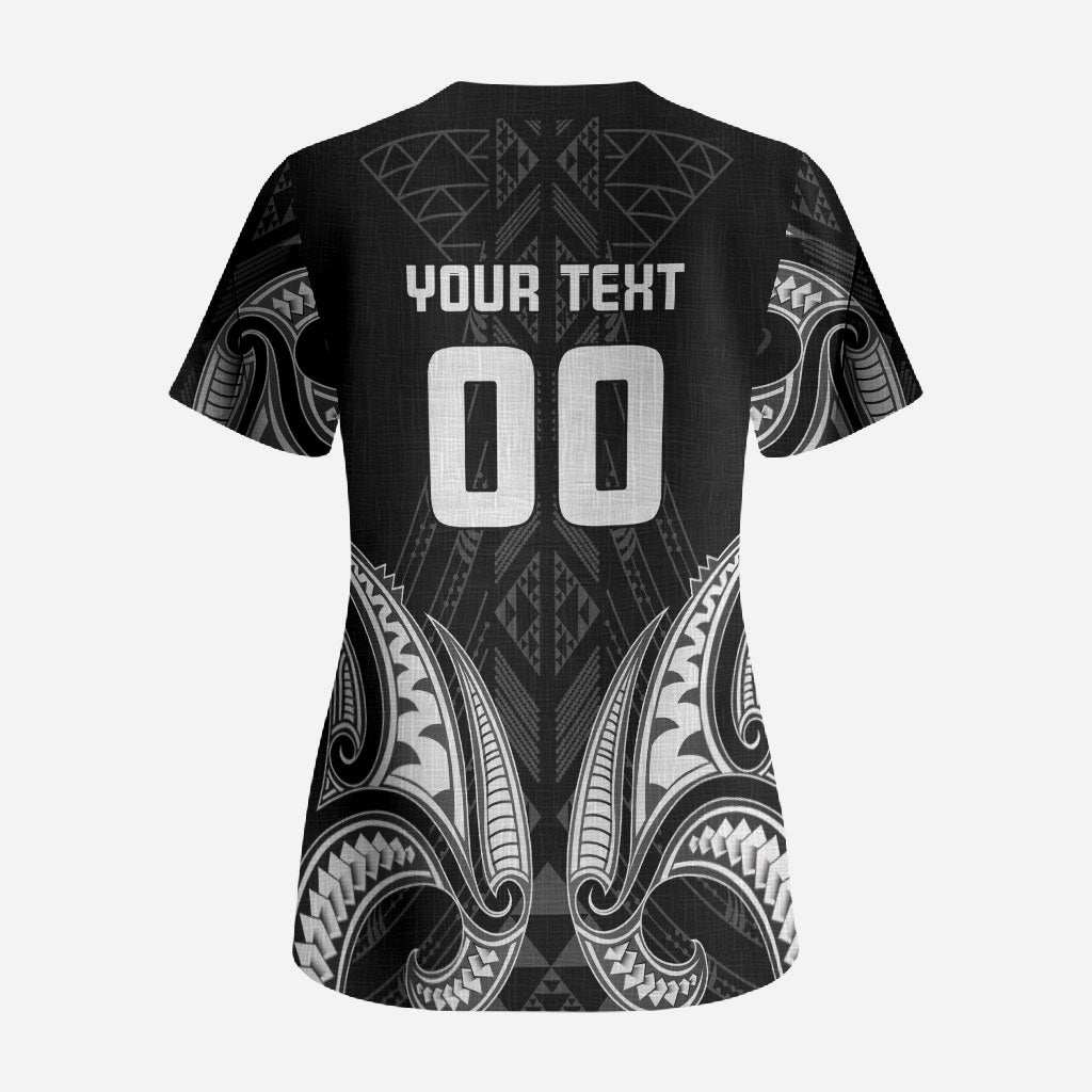 Maori Rugby Custom Ngaru Mangopare Scrub Top Black Whetu Niho Taniwha Motif LT9 - Polynesian Pride