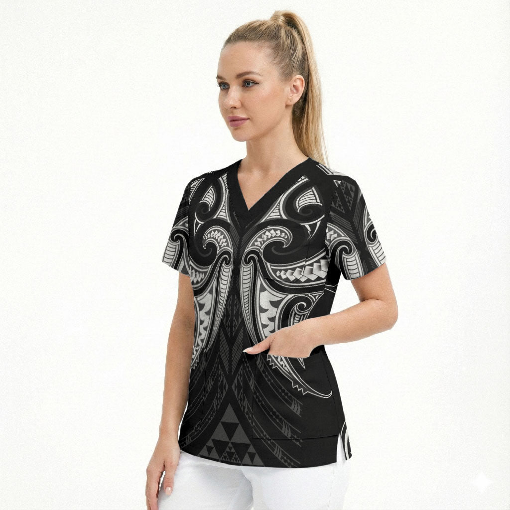 Maori Rugby Custom Ngaru Mangopare Scrub Top Black Whetu Niho Taniwha Motif LT9 - Polynesian Pride