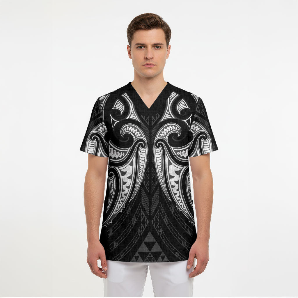 Maori Rugby Custom Ngaru Mangopare Scrub Top Black Whetu Niho Taniwha Motif LT9 - Polynesian Pride