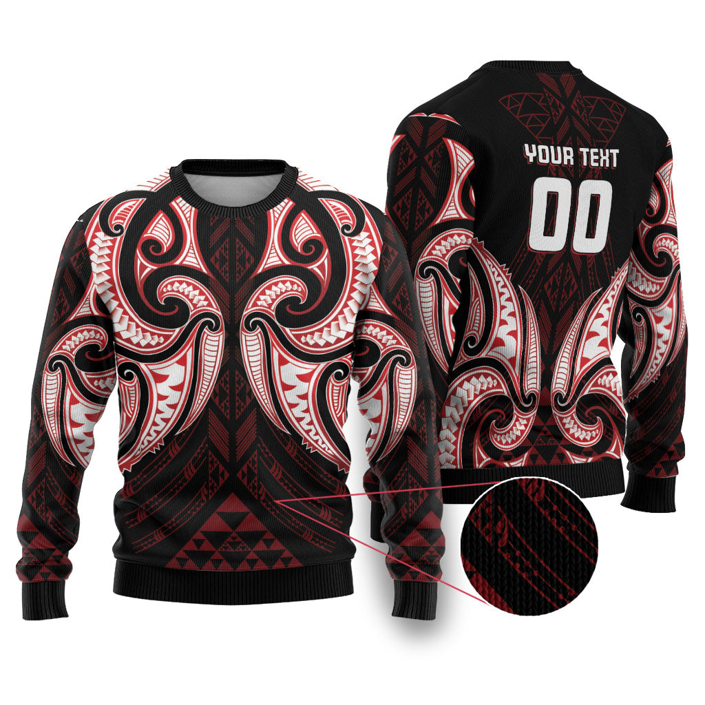 Maori Rugby Custom Ngaru Mangopare Ugly Christmas Sweater Black Red Whetu Niho Taniwha Motif LT9 Red - Polynesian Pride