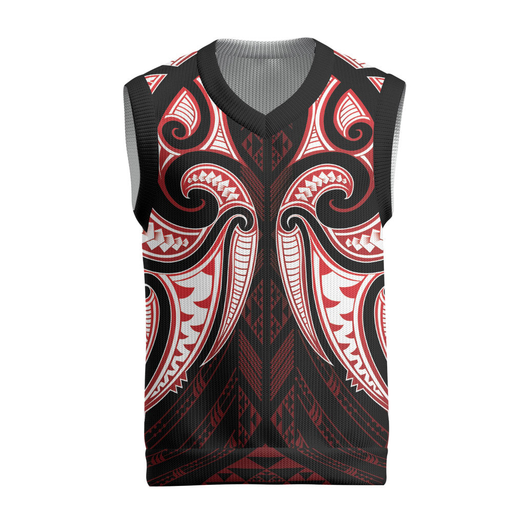 Maori Rugby Custom Ngaru Mangopare Christmas Knitted V-Neck Vest Black Red Whetu Niho Taniwha Motif LT9 Red - Polynesian Pride