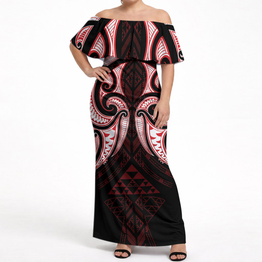 Maori Rugby Custom Ngaru Mangopare Off Shoulder Maxi Dress Black Red Whetu Niho Taniwha Motif LT9 Women Red - Polynesian Pride