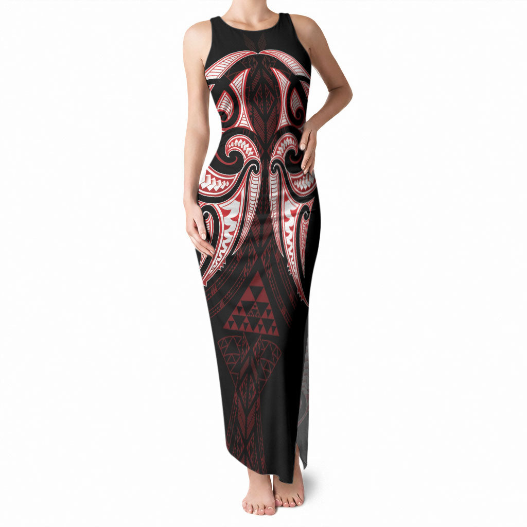 Maori Rugby Custom Ngaru Mangopare Tank Maxi Dress Black Red Whetu Niho Taniwha Motif LT9 Women Red - Polynesian Pride