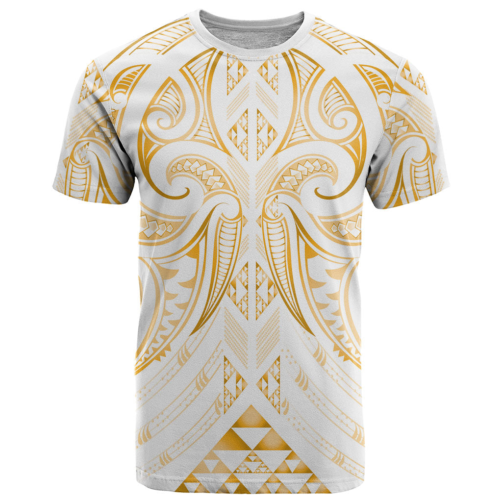Maori Rugby Custom Ngaru Mangopare T Shirt Koura Niho Taniwha Motif LT9 Gold - Polynesian Pride