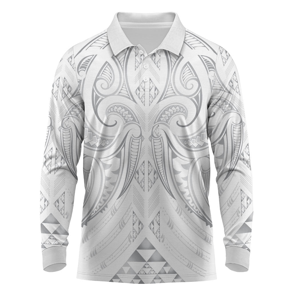 Maori Rugby Custom Ngaru Mangopare Long Sleeve Polo Shirt Kiwikiwi Niho Taniwha Motif LT9 Grey - Polynesian Pride