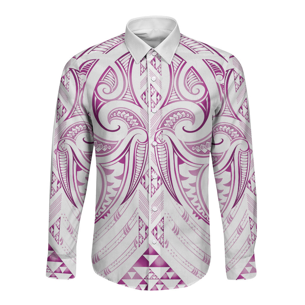 Maori Rugby Custom Ngaru Mangopare Long Sleeve Button Shirt Mawhero Niho Taniwha Motif LT9 Unisex Pink - Polynesian Pride