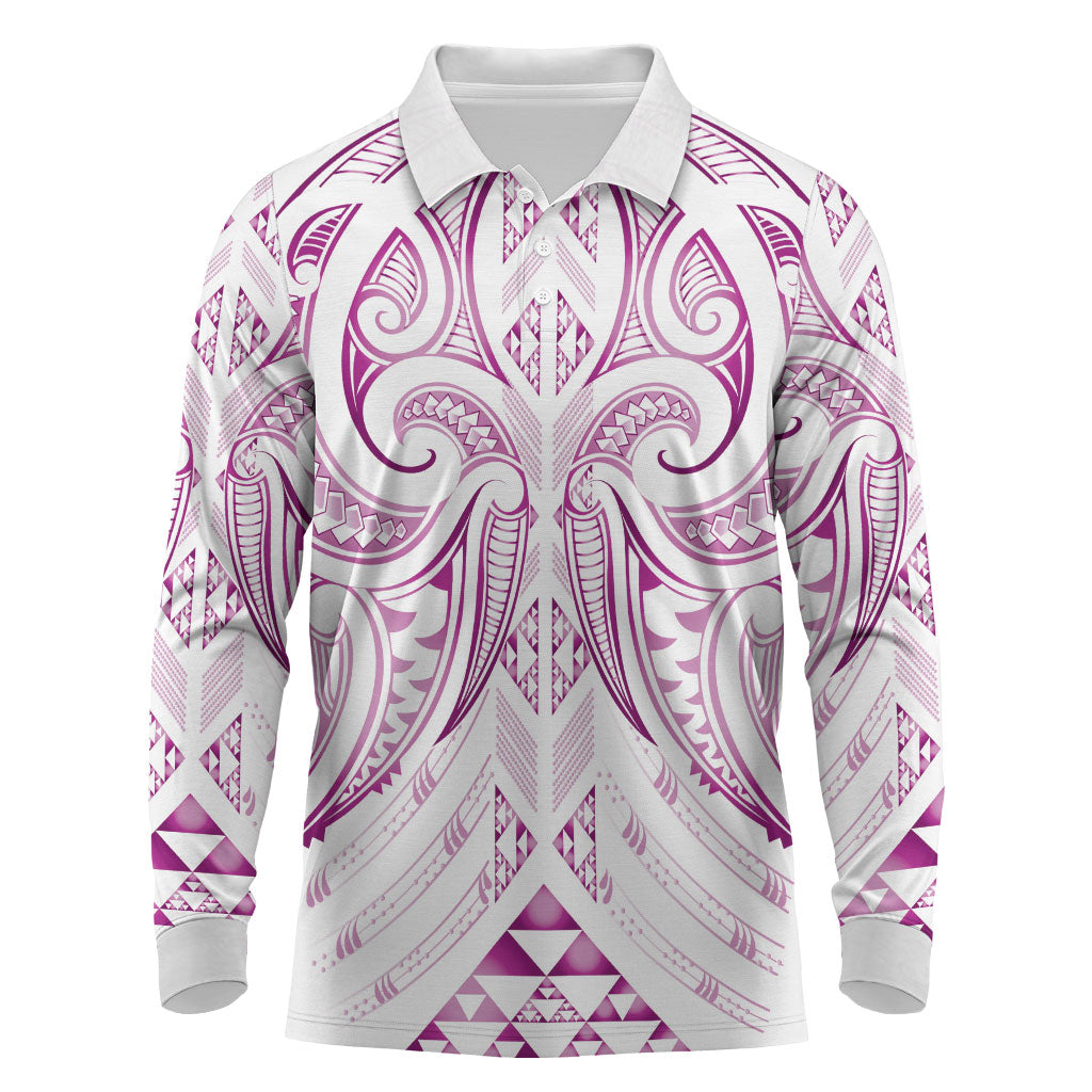 Maori Rugby Custom Ngaru Mangopare Long Sleeve Polo Shirt Mawhero Niho Taniwha Motif LT9 Pink - Polynesian Pride