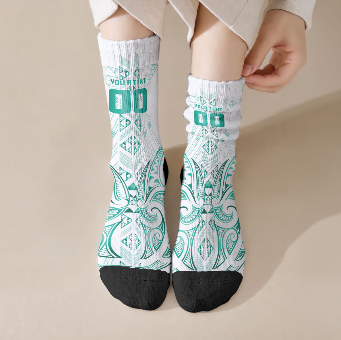 Maori Rugby Custom Ngaru Mangopare Crew Socks Karikiorangi Taniwha Motif LT9 Crew Socks Turquoise - Polynesian Pride