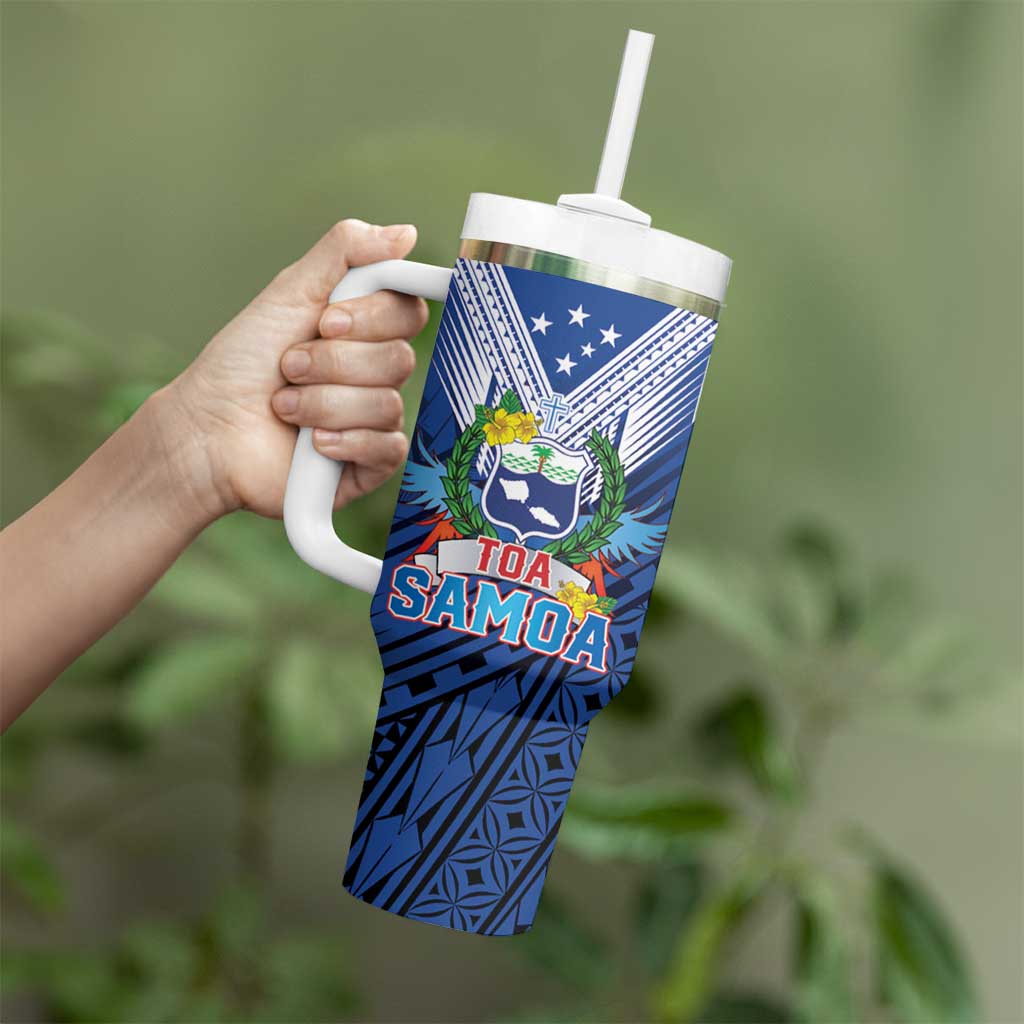 Custom Rugby Toa Samoa Tumbler With Handle Samoa mo Samoa Strength in Tatau - Polynesian Pride